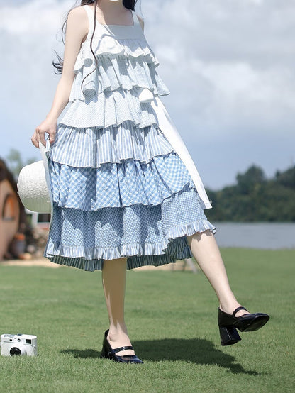 Blue with Patchwork Holiday Waist Sleeveless Dress Tiered Skirt Belt