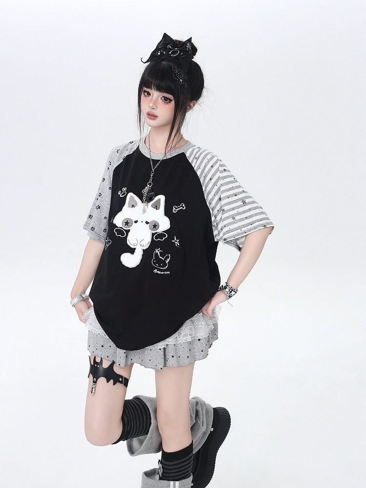 Black Short Sleeve Tee with 3D Plush Kitty - CRAZY GIRL