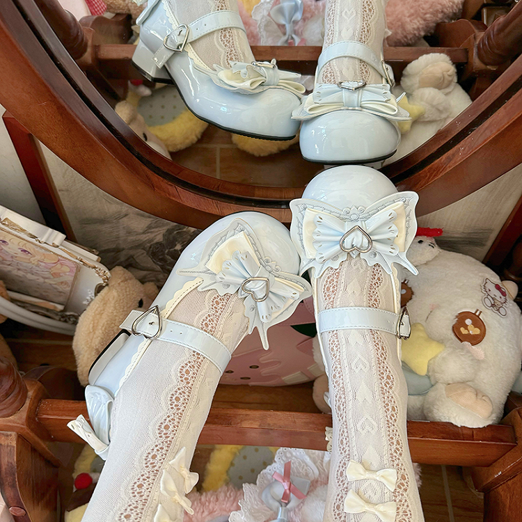 スイートロリータ ライトブルー 蝶結び ハート バックル ストラップ ブロックヒール メリージェーン