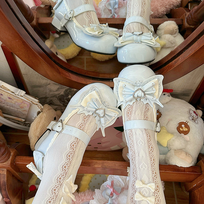 スイートロリータ ライトブルー 蝶結び ハート バックル ストラップ ブロックヒール メリージェーン