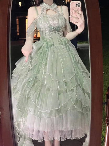 Rock mit mehrlagigem Feenkleid, Besatz, leichte Prinzessin, Lolita, kaskadierende Rüschen, grünes Korsett