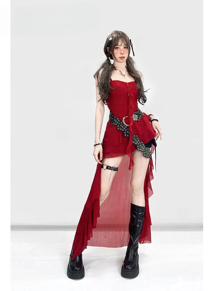 Vintage Red Asymmetrical Ruffled Hem High-low Glamorous Cami Dress