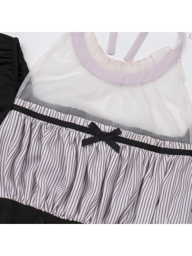 Black & Pink Square Neck Dress with Bow Brooch and Hair Clip - With PUJI