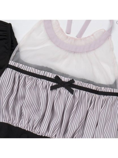 Black & Pink Square Neck Dress with Bow Brooch and Hair Clip - With PUJI