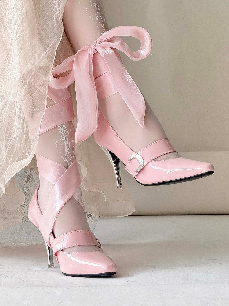 Absätze an der Spitze, hoher Mond, Knöchel, eleganter Klettverschluss, rosa Schnürung + spitze Verschlüsse – Lolita-Akzent