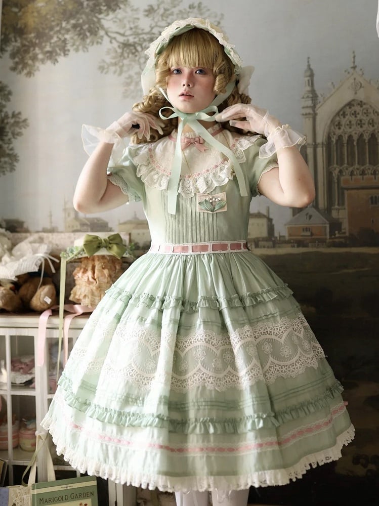 Short Green Puff Sleeve Lace Trim Elegant Lolita Dress - Pumpkin Planet