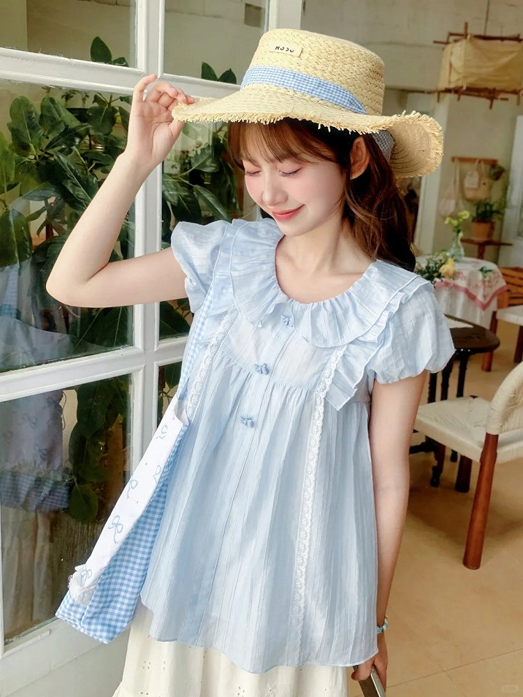 スイートライトブラウス ブルー ピーターパンカラー パフスリーブ