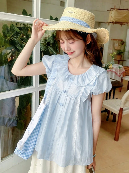 スイートライトブラウス ブルー ピーターパンカラー パフスリーブ