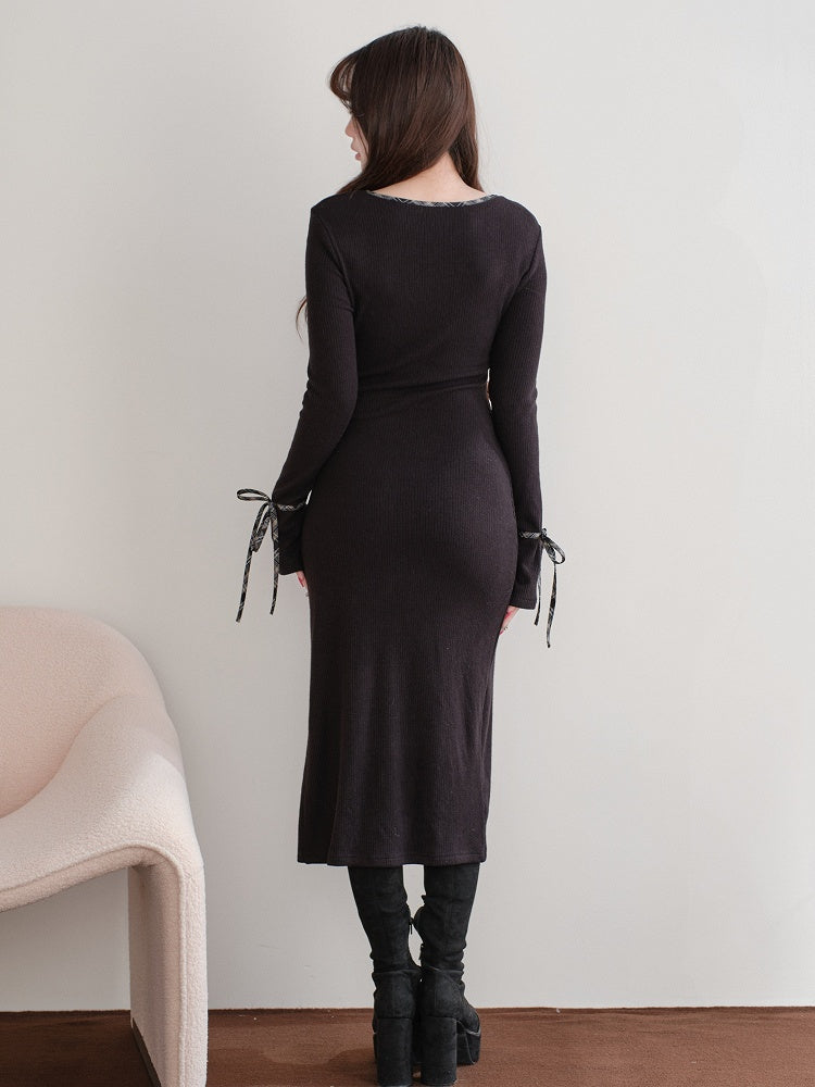 Innocent Jirai Knit Clean Kei Style Long-Sleeve Slit Black Dress