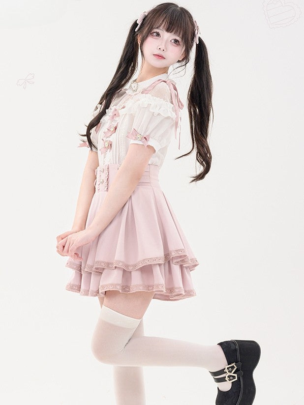 蝶結びのショート丈ジライラインストーンシャツプリーツピンクのディテール袖装飾ケイハート