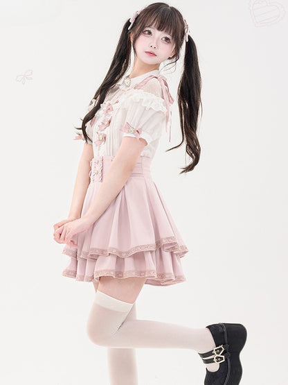 蝶結びのショート丈ジライラインストーンシャツプリーツピンクのディテール袖装飾ケイハート