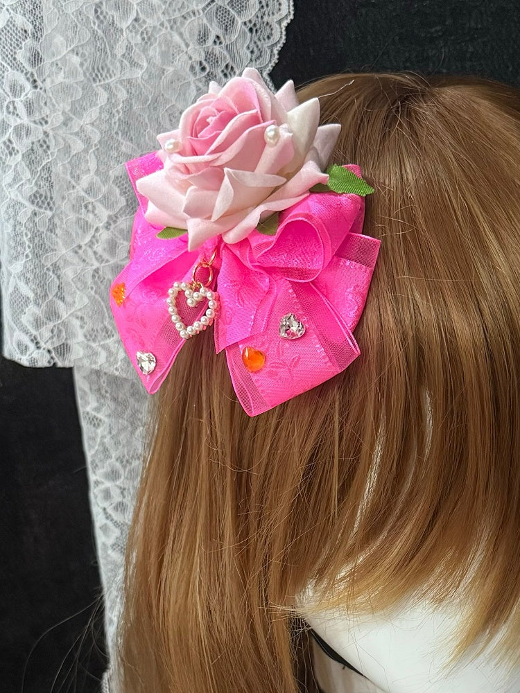 Red Design Floral Bowknot Rose Details Hairclip Heart