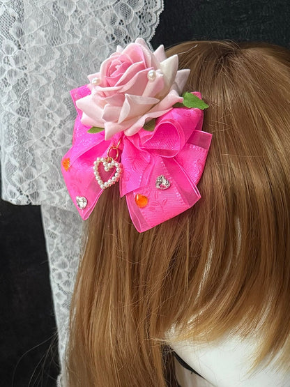 Red Design Floral Bowknot Rose Details Hairclip Heart