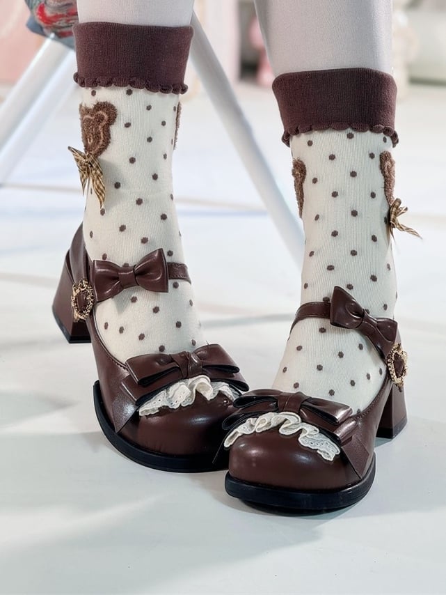 Toe Sweet Bows with Shoes Brown Jane Lolita Delicate Low-heel/Mid-heel Mary for Lace Round in