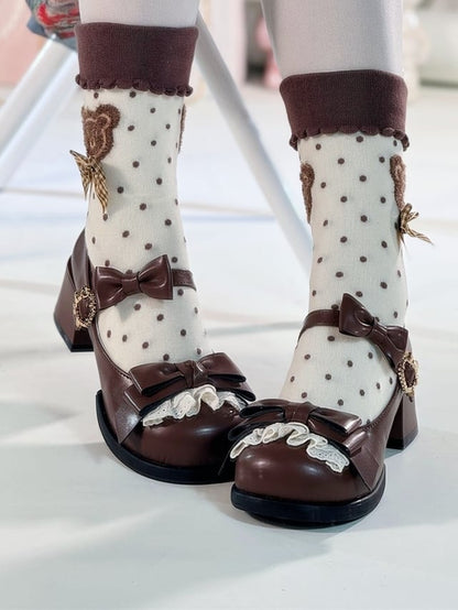 Toe Sweet Bows with Shoes Brown Jane Lolita Delicate Low-heel/Mid-heel Mary for Lace Round in