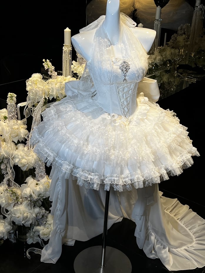 Weißes Hanayome Lolitacore-Kleid mit Neckholder und baskischer Taille zum Selbstbinden