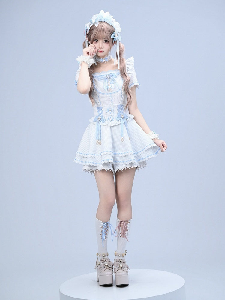 Blue Gingham Ryousangata Fashion Overall Skort with Rhinestone Bow & Lace Details - Broken Bear