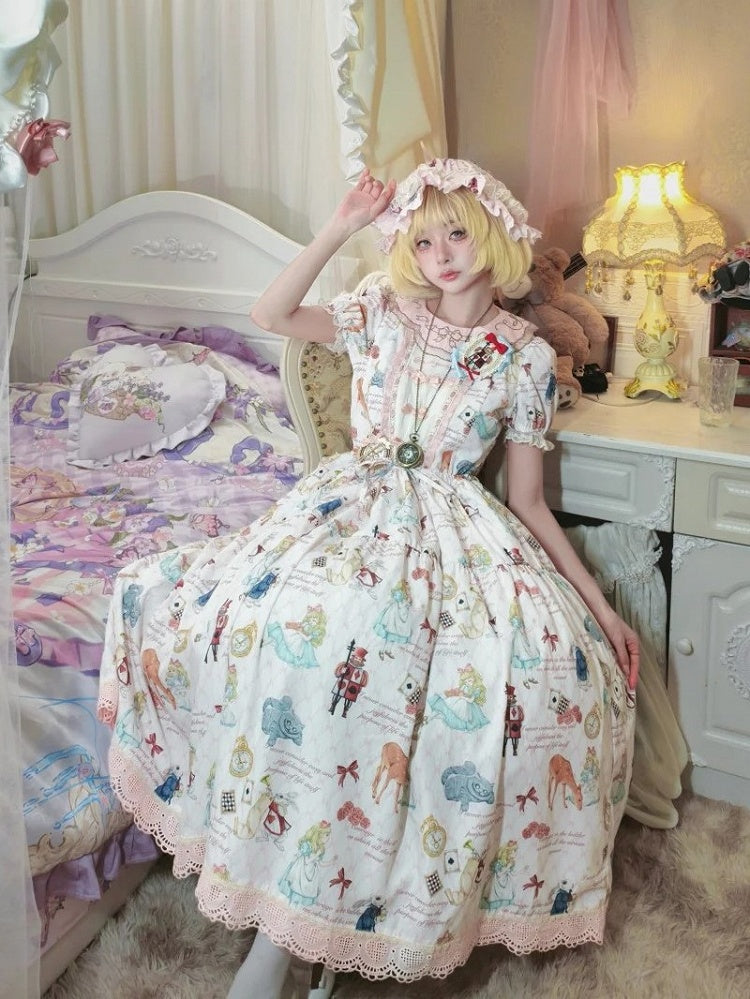 Rose Alice in Wonderland Print Round Neck Sweet Gown with Drawstring Waist - Forest Fairy Tales