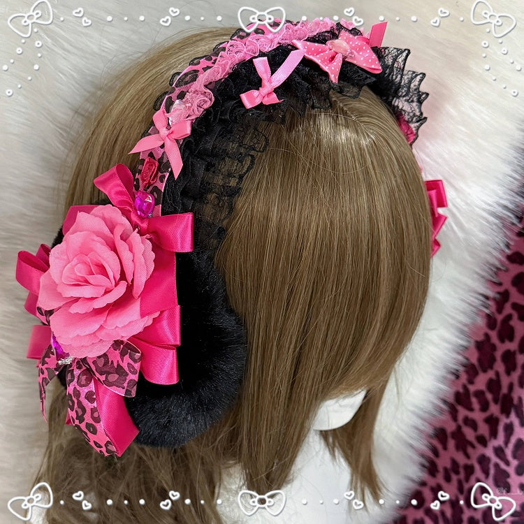 Leopard Print Gyaru Fashion with Floral Hime Pink Earmuffs