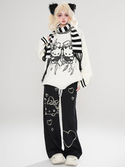 Black Kitties Pattern Round Neck Loose Sweater with Free Striped Scarf