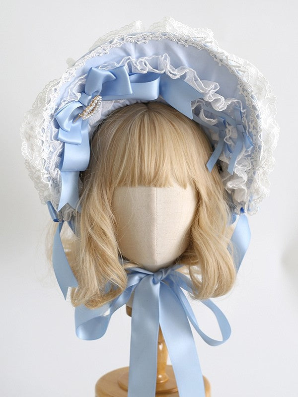 Beaded Lolita BlueWhite Bonnet Details Trim Heart Clips With Bowknot Sweet Design Lace