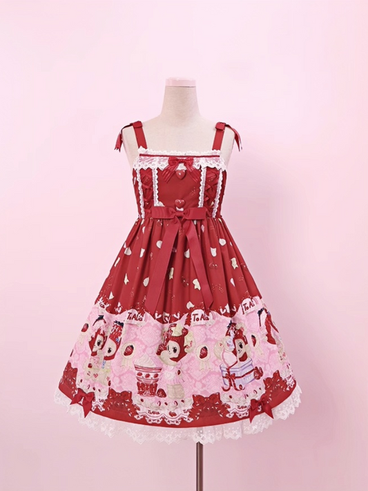 Lolita-Kleid Cottagecore, roter Erdbeer- und Bärendruck, Schleife, JSK, Chiffon, ländliche Akzente