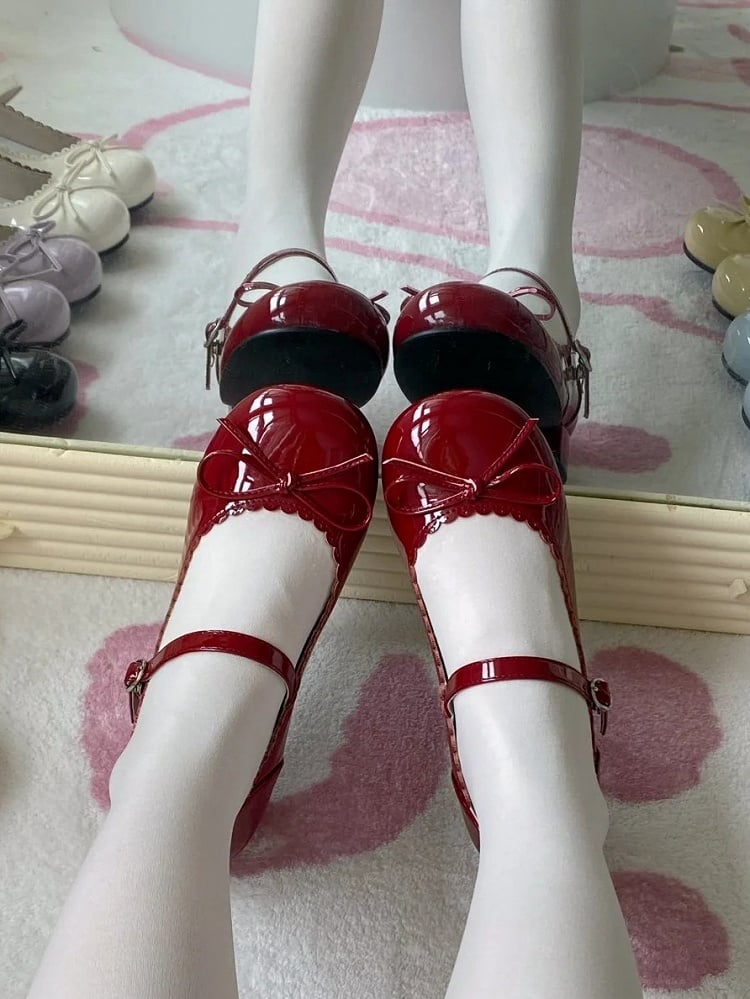 Lolita Heeled Sweet Snap Wine 3cm Bow - Fastener Accents Janes Mary Red