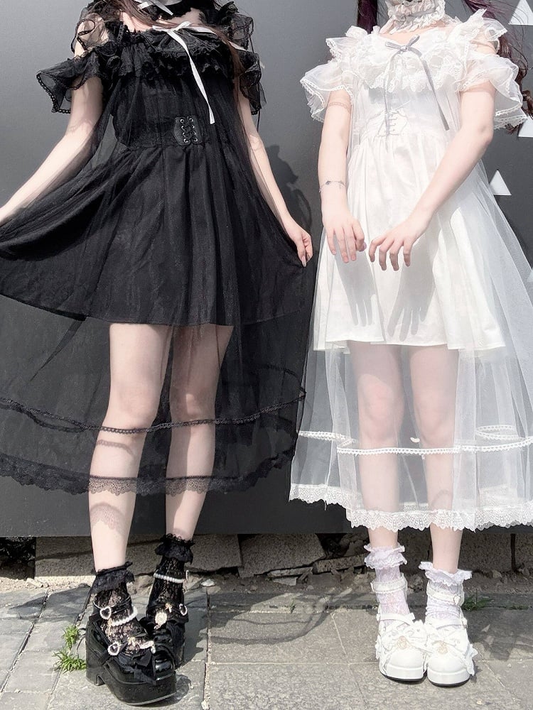 White Lace Trim Slip Dress with Tulle Overlay - Pink Rabbit