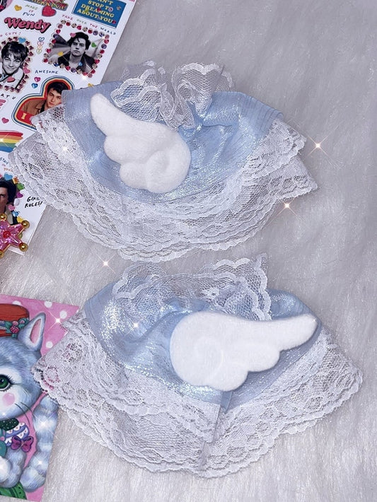 Decorated Plush Cuffs Wrist Wing Jirai Blue/Pink Lace Trim Kei
