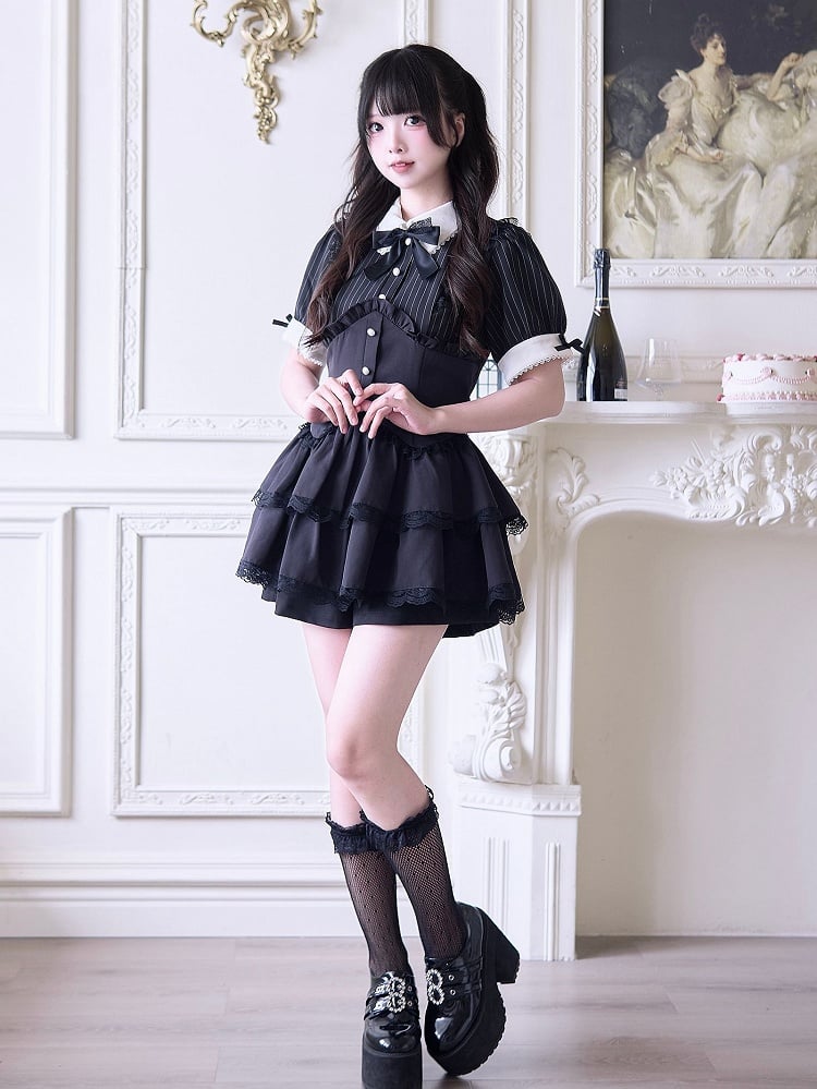 Shorts, Faux-Zweiteiler und Kleid, mehrlagiger Kei-Rock, Spitze, schwarzer Jirai-Streifen-Set – Besatz