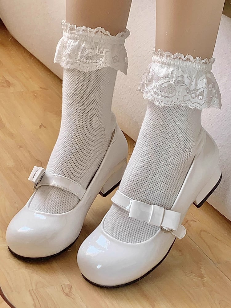 Janes Accents Snap-Fastening PU Mary with Low - Sweet Lolita Heel White Bow