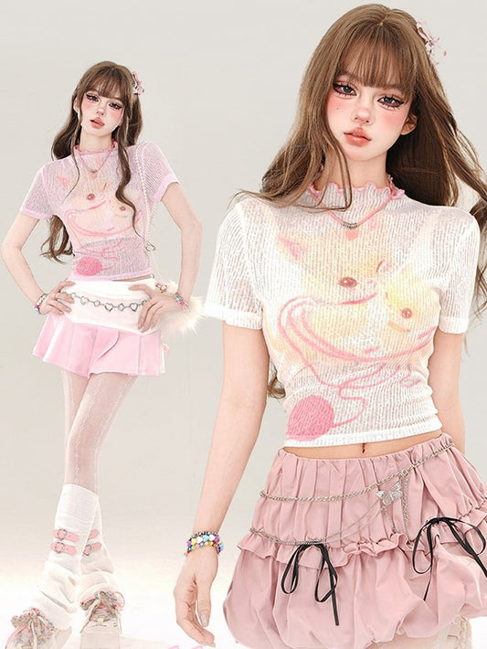 Rosa/weißes, halbtransparentes Crop-Top mit Cartoon-Kätzchen