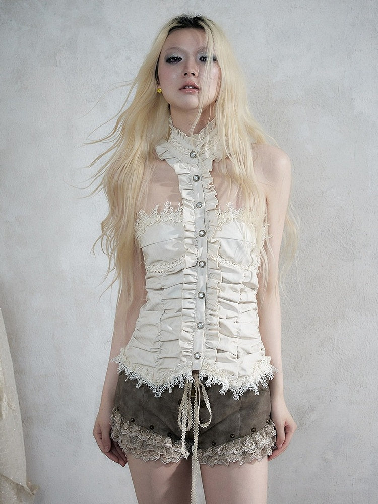 Vintage Punk Apricot Ruched Halter Top with Ruffle & Lace Details - NO ROMANCE