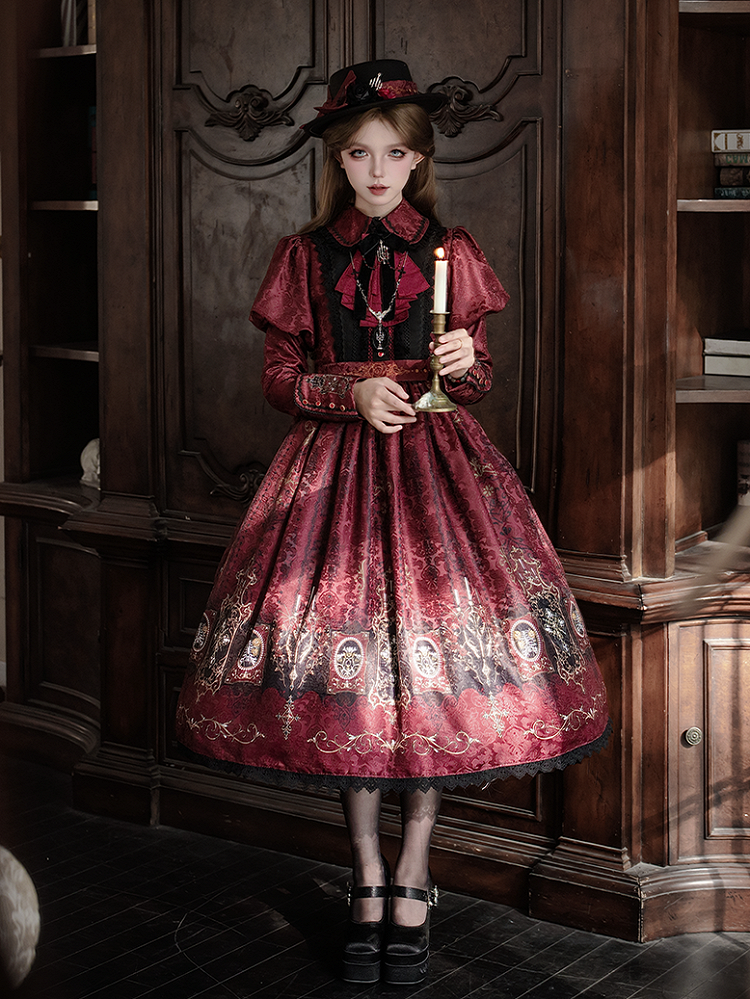 Red Dress with Lolita Wings Print Bat Gothic Candelabras Juliette Sleeves