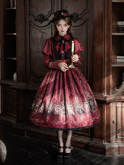 Red Dress with Lolita Wings Print Bat Gothic Candelabras Juliette Sleeves