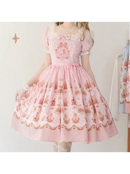 Pink Rabbit Floral Print Lolita OP Dress with Lace Details - Strawberry Witch