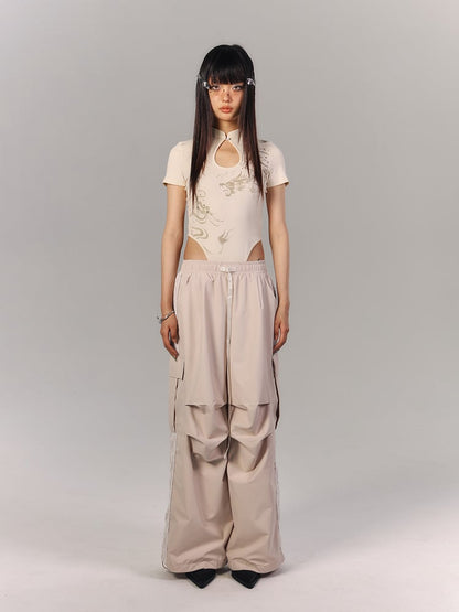 Sleeve Motif with Teardrop Cheongsam Cutout Bodysuit Apricot Short Dragon