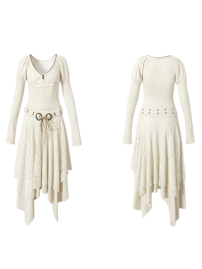 Punk Beige Juliette Sleeves Knit with Studded Dress Handkerchief Tiered Waist Hem