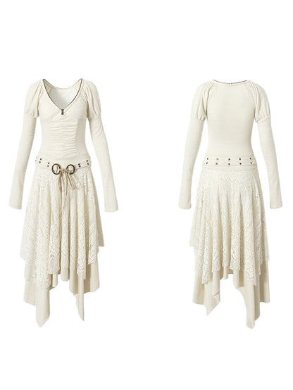 Punk Beige Juliette Sleeves Knit with Studded Dress Handkerchief Tiered Waist Hem