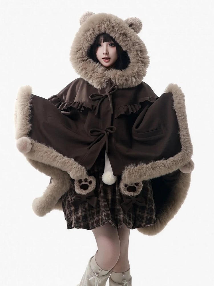 Pompon with Brown - Bear Plush Hooded Ear Accents Cape Hood Ruffle Trim Edging