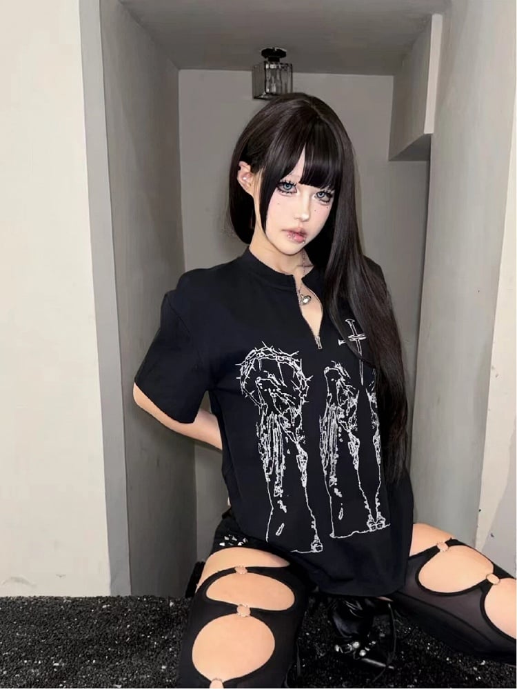 Alt Religious Fashion Black Figure with Print T-Shirt Cross
