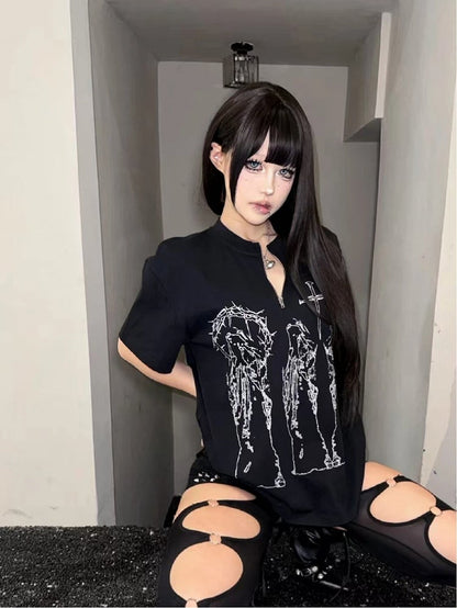 Alt Religious Fashion Black Figure with Print T-Shirt Cross