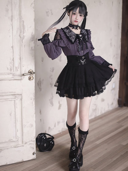 Kei-Kragen Gothic Schwarz und Stil Spitze Bluse: Dunkelviolette Ausschnitte mit Royal Lace Jirai