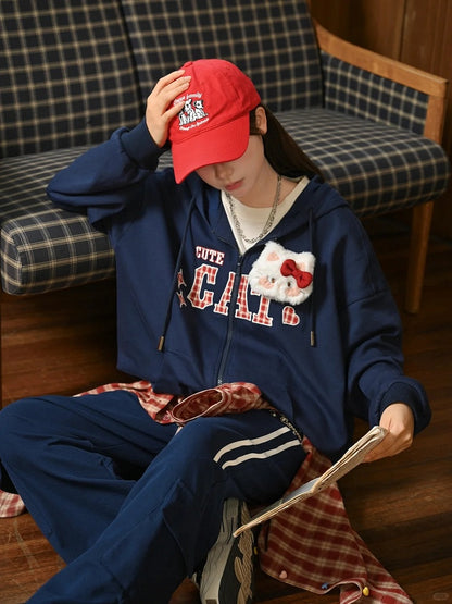 Red Navy Blue Zip-up Hoodie with Detachable Kitty Plushie Plaid Embroidery Applique
