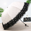 Ivory folding Lolita umbrella with layered black lace edging