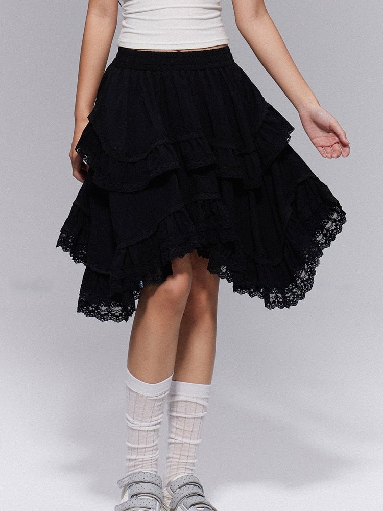 Hem Gothic Skirt Lace-Trimmed Asymmetric with Tiered Black A-line