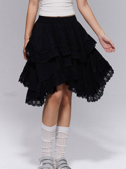 Hem Gothic Skirt Lace-Trimmed Asymmetric with Tiered Black A-line