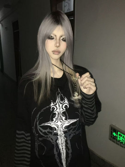 in with Faux Sigil Black Striped Gothic Sleeves Two-Piece Dark Style Top