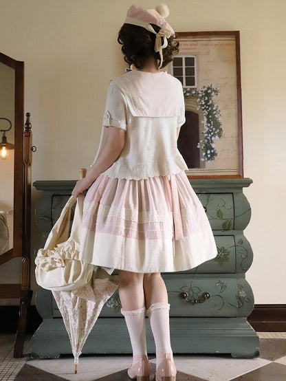 with Scalloped Beige Knitted Perforated Lolita Cardigan Short-sleeved Edge Trim