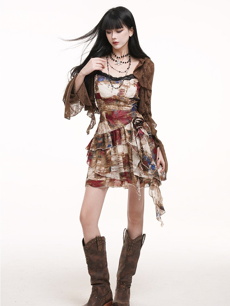 Coffee Punk Ruffled with Cardigan Fitted Slit Collar Cuffs